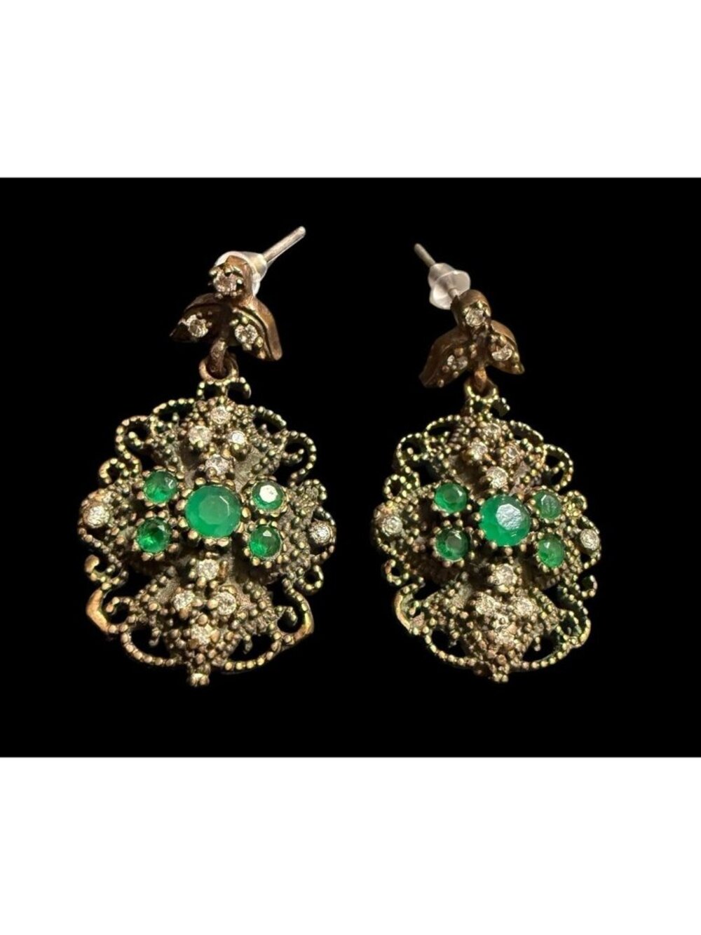 Vintage Sterling Silver Emerald Green Crystal Filigree Drop Earrings 925